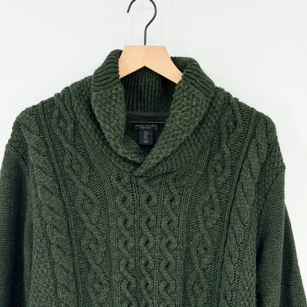 Dark Green Italian Fisherman Sweater L Shawl Collar Cable Knit Wool Blend Cozy